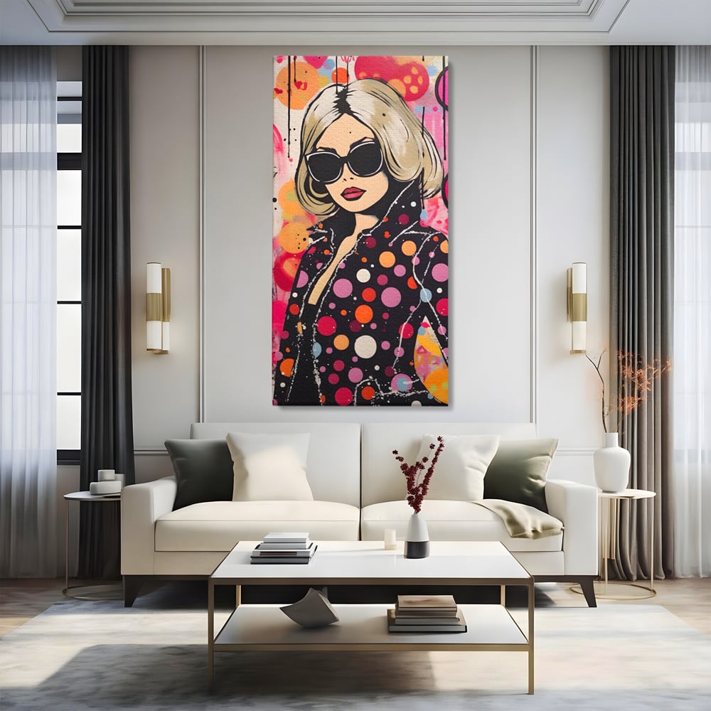 Tablou canvas cu tablou canvas cu portret pop art, fara rama, pe sasiu de lemn, pe perete intr-un living